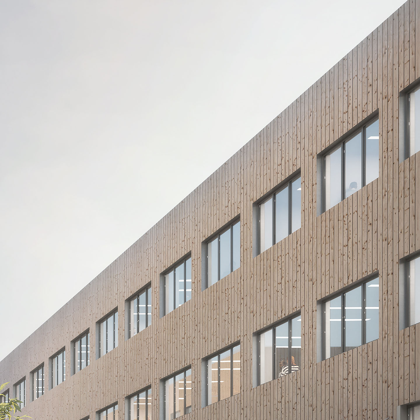 Anschnitt eines Bürokomplexes mit Holzfassade und großen Fenstern