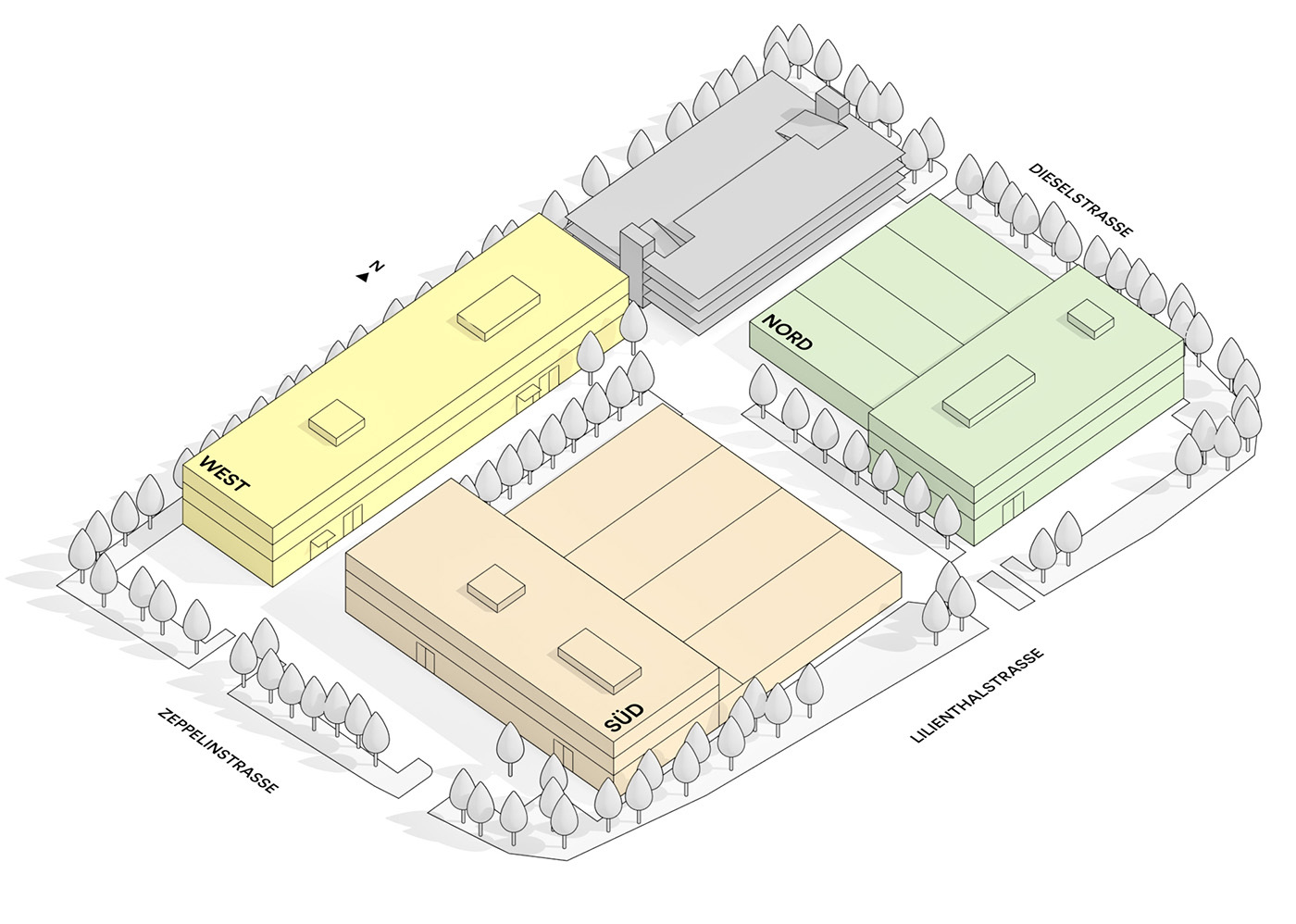 Grundrisse der drei Gebäudeteile des Neubaus Giesserei an der Zeppelinstraße, Lilienthalstraße und Dieselstraße